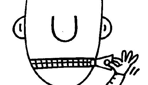 An illustration of a cartoon man zipping his mouth