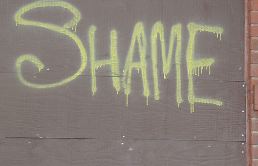 A graffiti of the word SHAME on a wall